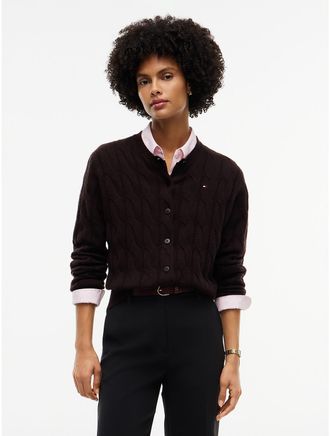 Tommy Hilfiger Womens Boxy Fit Cable Knit Wool Cardigan - Chocolate - XXS