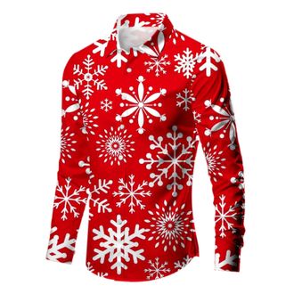 Generic Christmas Hawaiian Shirts for Men Funky Xmas Snowflake Print Dress Shirt Long Sleeve Button Down Holiday Beach Jumper Tops, Red, 3XL