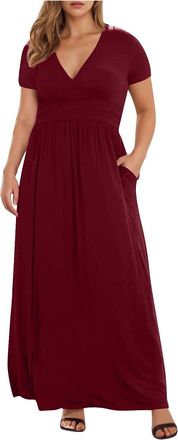 Generic Womens Plus Size Dresses Summer V-Neck Short Sleeve Maxi Dresses with Pockets Baggy Casual Solid Color Comfortable Long Dress Lightweight Oversized Dr