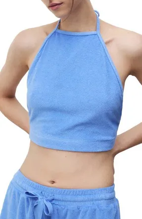 Mango Cotton Terry Crop Halter Top in Blue at Nordstrom, Size Medium
