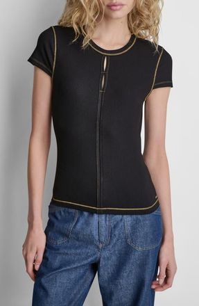DKNY Contrast Stitch Cutout Detail Rib Top in Black at Nordstrom, Size X-Small