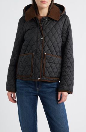 London Fog Water Resistant Corduroy Trim Quilted Coat in Black at Nordstrom, Size X-Small