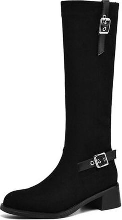 Generic Womens Knee High Boots With Double Metal Buckles Soft Suede Like Fabric Nonslip Wear Resistant Block Heel Side Zipper For Daily Commute Casual,Black,6