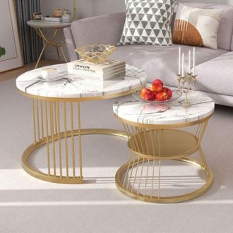 OEM Mesa Baja Nido - M&aacute;rmol Blanco Y Metal Dorado - 2 Piezas - Dise&ntilde;o Moderno - 70 Y 45cm