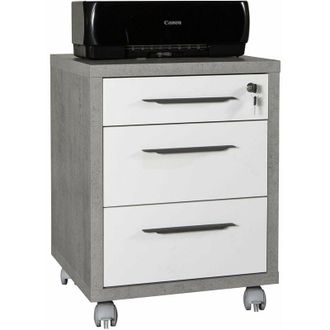 Composad Cassettiera con 3 cassetti e ruote finitura in Cemento e Bianco laccato con chiave e ruote