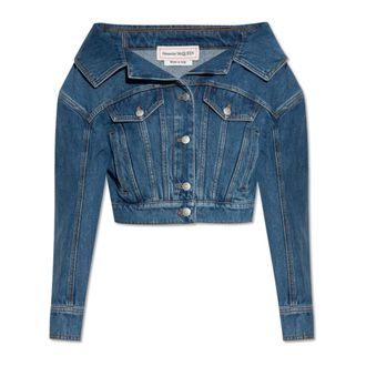 Alexander McQueen Alexander McQueen, Denim Jackets, female, Blue, Size: 3XS Off-the-shoulder denim jacket