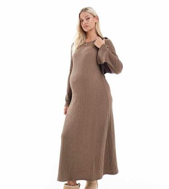 Mama Licious Mamalicious Maternity textured maxi dress with flared sleeve in taupe-Neutral