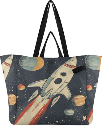 Generic Yellow Planets pattern Reusable Canvas Tote Bag, Heavy Duty Grocery Shopping Bag with Double Handles Hard Bottom Large Capacity Work Groceries Travel