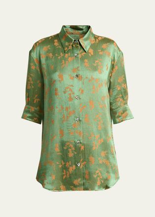 Dries Van Noten Floral Jacquard Elbow-Sleeve Button-Down Shirt