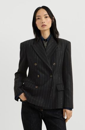 Brunello Cucinelli Comfort virgin wool dazzling chalk stripe blazer with monili in Cobalt at Nordstrom, Size 40