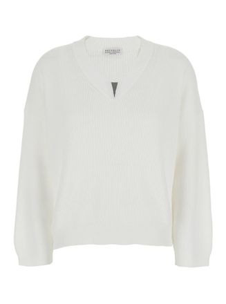 Brunello Cucinelli White Sweater With V Neck And Monil Detail On The Neck In Cotton Woman
