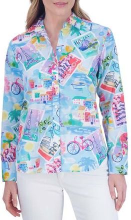 Foxcroft Meghan Travel Print Cotton Button-Up Shirt in Blue Multi at Nordstrom Rack, Size Small