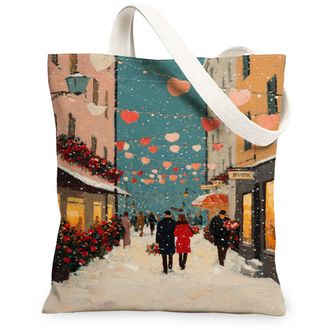 Generic Winter Hearts Canvas Tote Bags, Vintage Romantic Pattern Reusable Grocery Bags, Lightweight Washable Shoulder Strap Canvas, Multicolor, 13x15 Inch