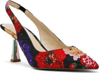 Betsey Johnson Clark Slingback Pointed Toe Pump in Black Flower Multi at Nordstrom, Size 8.5