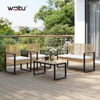 Woltu Woltu Conjunto De Jard&iacute;n, Sof&aacute; De 4 Plazas Con Mesa, Sof&aacute; De 2 Plazas Y 2 Sillones Con Cojines Extra&iacute;bles Para Jard&iacute;n O Piscina, Color Madera Natural