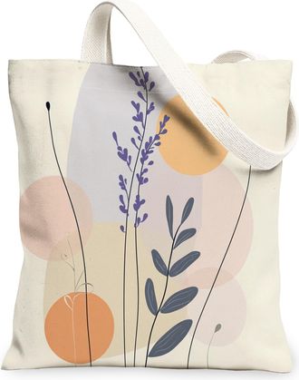Generic Spring Aesthetic Lavender Canvas Tote Bag for Shopping 13x15, Fun Mid Century Floral Reusable Grocery Print Bag for Women, Abstract Flower Beach Aesth