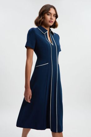 Karen Millen Womens Tailored Crepe Tipped Midi Shirt Dress - Navy - Size 10 UK
