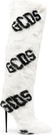 GCDS 110mm faux-fur logo-print boots - women - Calf Leather/Calf Leather/Acrylic/Polyester - 35 - White