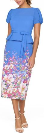 Kay Unger Annabelle Floral Peplum Midi Dress in Azure Multi at Nordstrom, Size 12