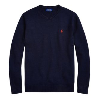 Ralph Lauren Round-neck Knitwear, male, Blue, Size: XL Cotton Crew Neck Sweater