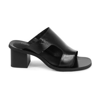 Calvin Klein Schoenen, Dames, Zwart, 38 EU, Leer, Zwarte Leren Blokhak Sandalen