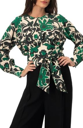 Ivonne Floral Print Blouse with Waist Tie and Keyhole Neckline in Green at Nordstrom, Size 14