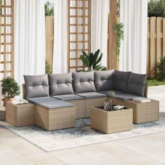 vidaXL Vidaxl - Conjunto De Sof&aacute; De Jard&iacute;n 7 Pcs Beige, Gris Polirat&aacute;n
