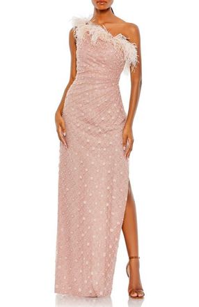 Mac Duggal Embellished One Shoulder Ostrich Feather Detail Gown in Rose at Nordstrom, Size 10