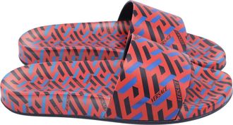 Versace La Greca Print Slide Sandals in Multicolor Polyurethane