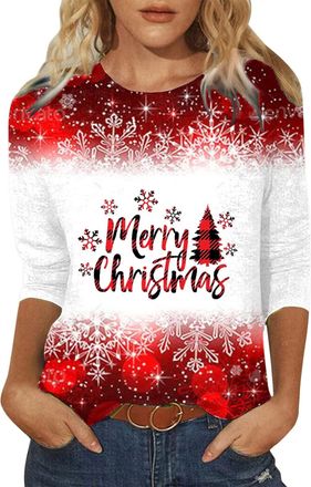 Generic Graphic Tees Trendy Clothes Crewneck Xmas Tree Snowflake Print Cute Blouse Ladies Tops Fall Casual 3/4 Sleeve Loose Shirts for Women UK Christmas T 20