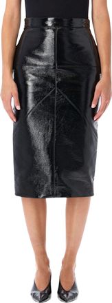 Lanvin Glossy Vinyl Midi Skirt with Geometric Cutouts and Rear Slit