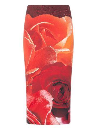 Roberto Cavalli rose-print pencil skirt - women - Cotton - 40 - Red