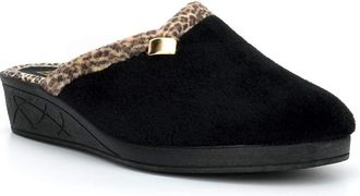 Generic Womens Slipper 5 UK, Wedge Heel, Mule Style, Round Toe, Solid Black, Ocelot Design, Knitted Lining, Medium Width