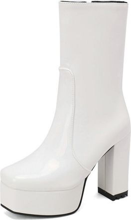 Generic Womens Patent Leather Chunky Heel Ankle Boots Square Toe Platform Booties Fashion Style for Party,White,1.5 UK