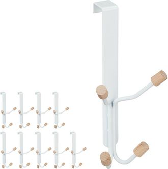 Relaxdays Relaxdays Set of 10 Door Fourfold Hooks, Scandinavian, Iron & Wood, Hanging Coat Rack HWD: 19 x 9 x 8 cm, White/Natural
