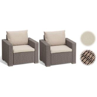 Keter California Set 2 Poltrone in Rattan, Set di 2 Divanetti con Cuscino Incluso Color Cappuccino
