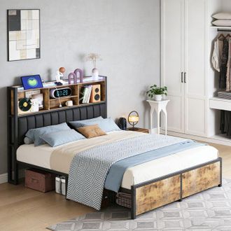 OEM Cama Doble 140x200 - Pocketpop - Con Led Y Usb - 2 Cajones - Cabecero Tapizado Con Almacenamiento - Pu - Negro