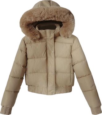 Generic Winter Coat for Women Women Quilted Cropped Puffer Jacket Faux Fur Hood Fleece Lined Winter Coat Khaki Medium