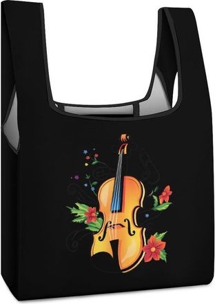 Generic Music Violin Flowers Shopping Bag Reusable Grocery Tote Bag Foldable Handbag for Travel Picnic