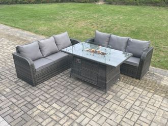 Fimous Rattan Garden Furniture Set with Fire Pit Table 3 Pieces Outdoor Lounge Sofa Set Dark Grey Mixed