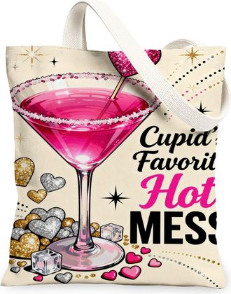 Generic ValentineS Day Cocktail Canvas Tote Bags, Heart Pattern Reusable Bags, Fun Elegant Lightweight Washable Shoulder Strap Can, Peach, 13x15 Inch