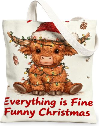 Generic Funny Cow Canvas Tote Bags, Fanciful Animal Design Reusable Grocery Bags, Holiday Seasonal Lightweight Washable Shoulder St, Beige, 13x15 Inch