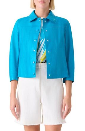 Akris Crinkle Napa Leather Trucker Jacket in Turquoise at Nordstrom, Size 10