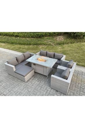 Fimous Rattan Set Gas Fire Pit Dining Table Heater Burner Lounge Sofa Set Chairs Footstool in Light Grey