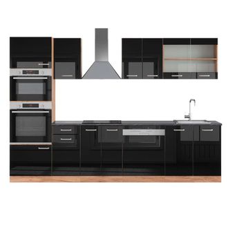 Vicco Mueble De Cocina R-line, Roble Negro/dorado De Alto Brillo, 300 Cm Con Armario Alto, Et Antracita