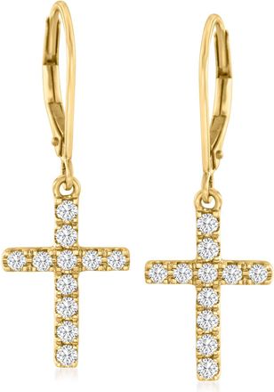 Ross-Simons Diamond Cross Drop Earrings in 14kt Yellow Gold