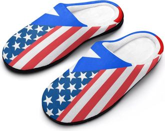 Generic U.S.A And PuertoRico Flag Mens House Slippers Memory Foam Washable Cotton Slip on Home Shoes
