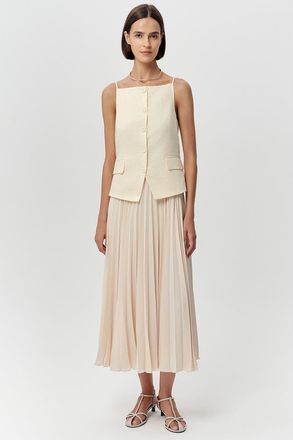 Exquise Angeletta Sleeveless Linen Trim Pleated Midi Dress in Beige at Nordstrom, Size X-Large