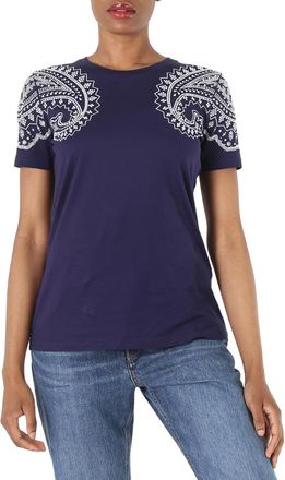 Roberto Cavalli Ladies Indigo Bandana Crystal-Embellished Cotton T-shirt, Brand Size 38 ( US Size 4 )