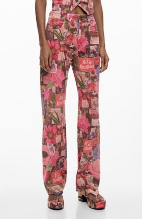 Desigual Patchwork Print Straight Leg Jeans in Pink at Nordstrom, Size 42